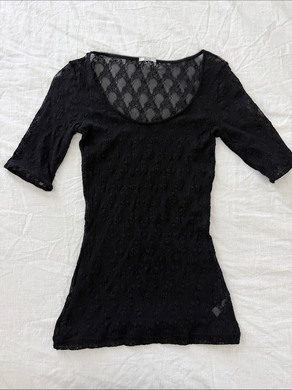 Wolford Black Sheer Lace Top Fitted Stretch Short Sleeve Blouse Size L - Picture 4 of 10